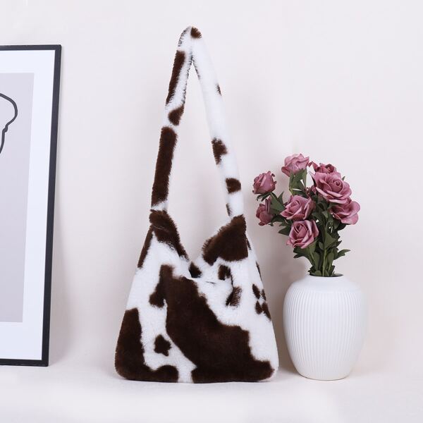 

Fluffy Cow Pattern Shoulder Bag, Multicolor