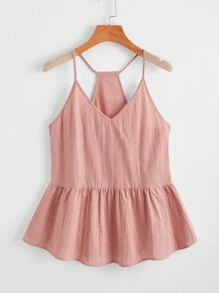 SHEIN เสื้อท็อปสายเดี่ยว ปลายระบาย เสื้อเว้าหลัง - สีชมพูปะการัง - ดู 1