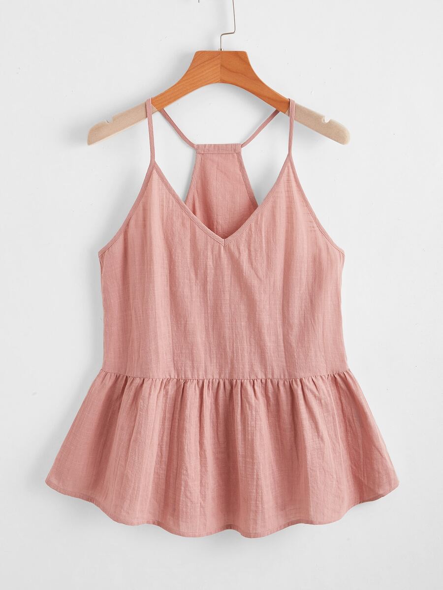 SHEIN เสื้อท็อปสายเดี่ยว ปลายระบาย เสื้อเว้าหลัง - สีชมพูปะการัง - ดู 1