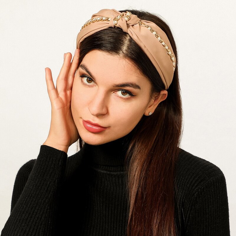 

Faux Pearl & Chain Knot Headband, Khaki