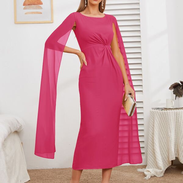 

Ruched Clock Sleeve Split Hem Fitted Dress, Hot pink