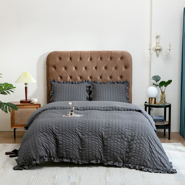 

Plain Ruffle Trim Duvet Cover Set Without Filler, Dark grey