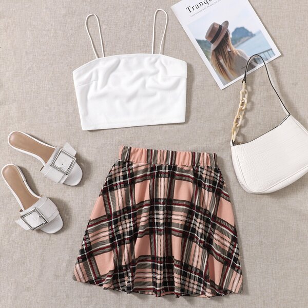 

Cami Top & Plaid Skirt Set, Multicolor