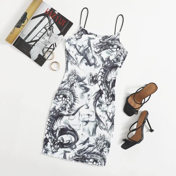 

Chinese Dragon Print Lettuce Trim Bodycon Dress, Black and white