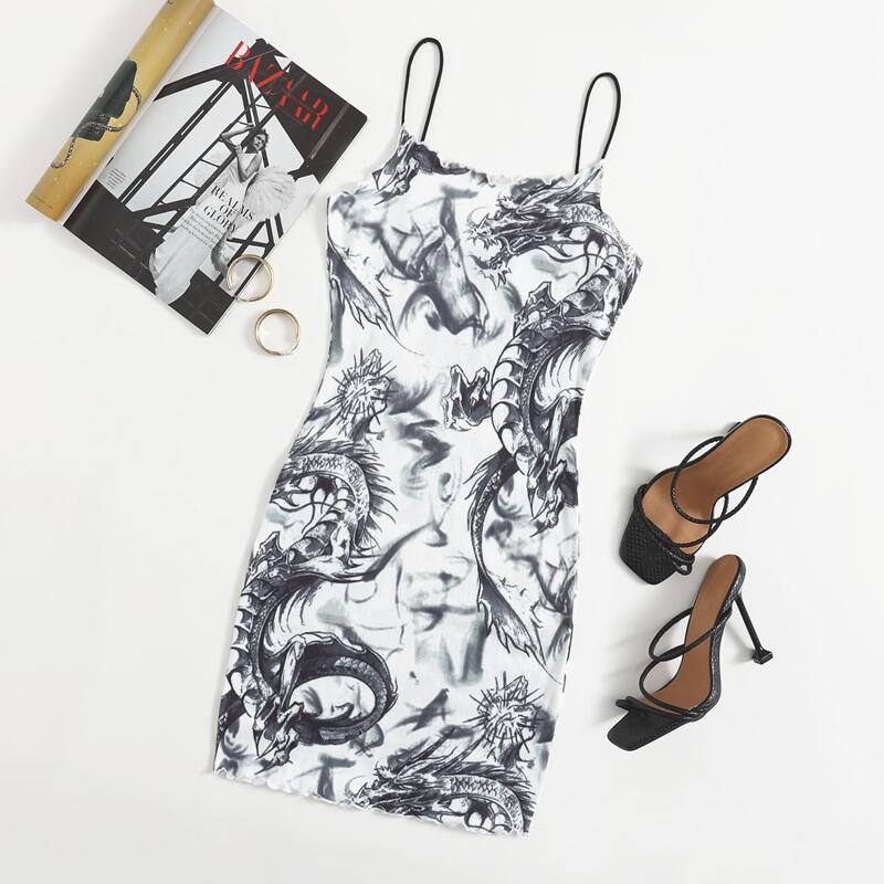 

Chinese Dragon Print Lettuce Trim Bodycon Dress, Black and white
