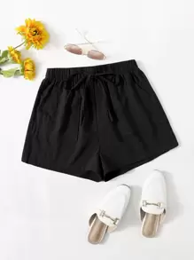 SHEIN Knot Waist Pocket Front Shorts - Black - View 1