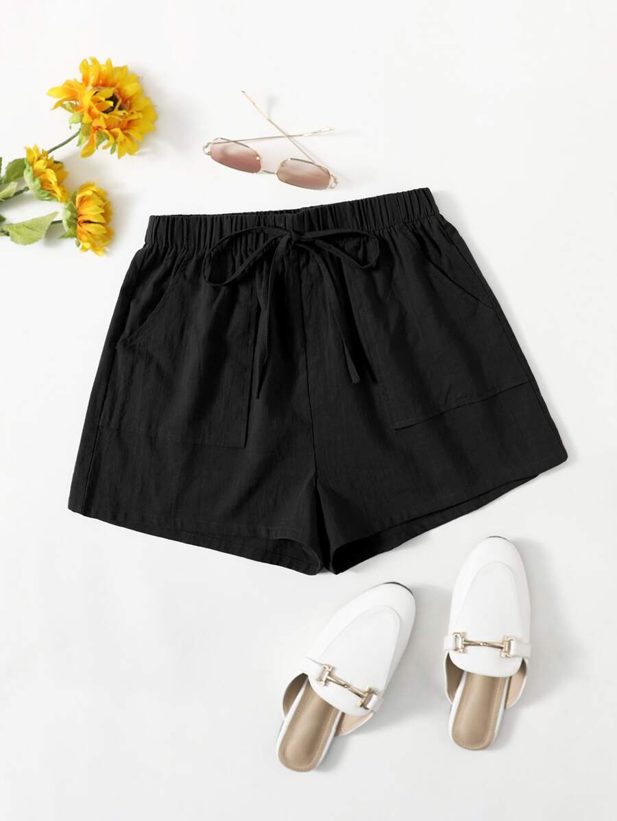 SHEIN Knot Waist Pocket Front Shorts - Black - View 1