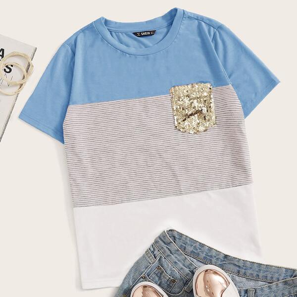 

Colorblock Sequin Pocket Short Sleeve Tee, Baby blue