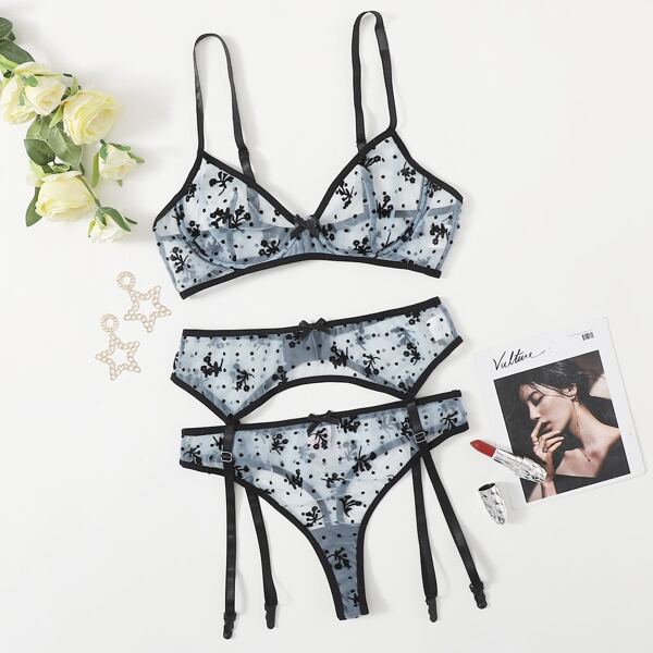 

Floral Mesh Underwire Lingerie Set, Multicolor