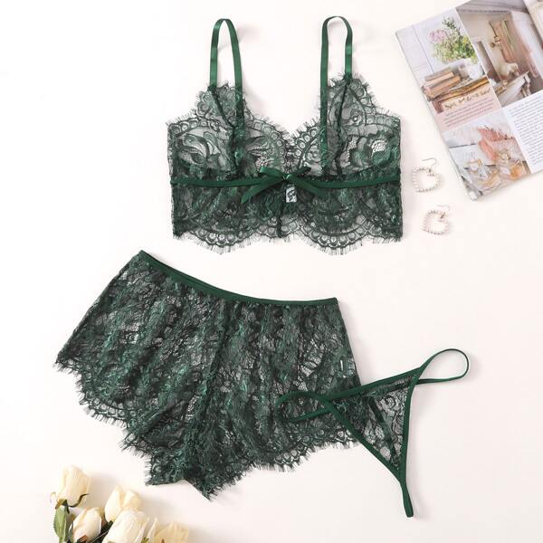 

3pack Floral Lace Lingerie Set & Shorts, Army green