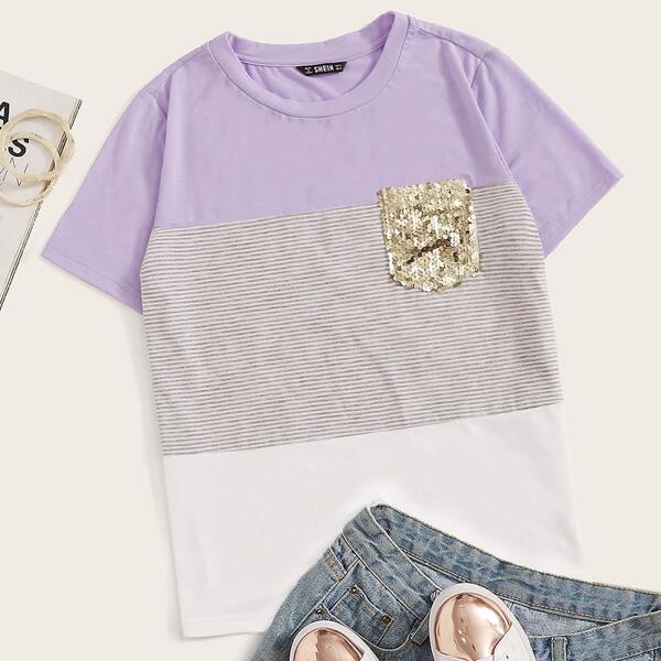 

Colorblock Sequin Pocket Short Sleeve Tee, Multicolor