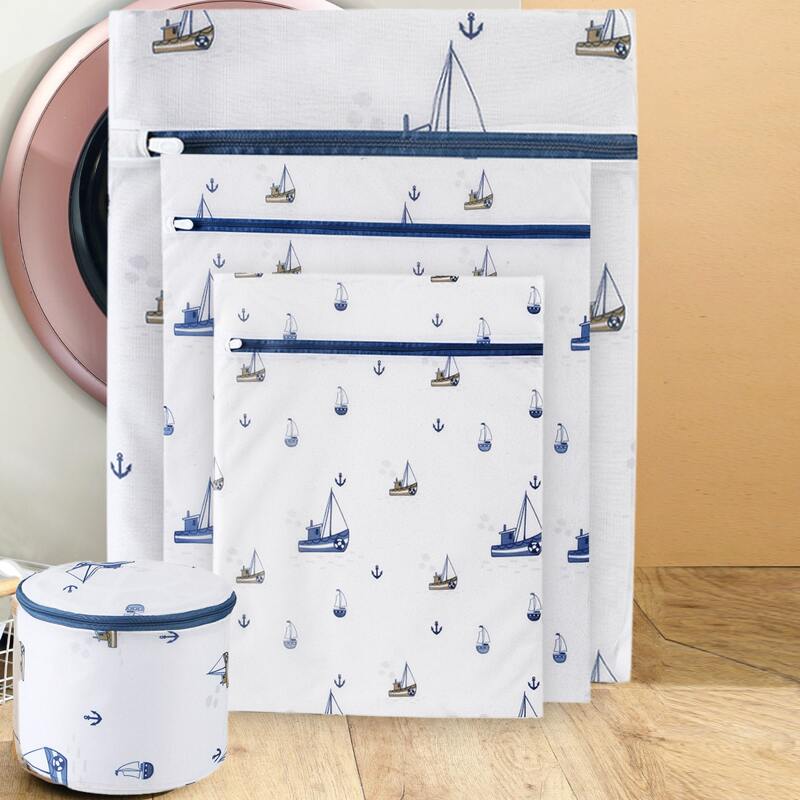

4pcs Boat Print Mesh Laundry Bag, Blue and white