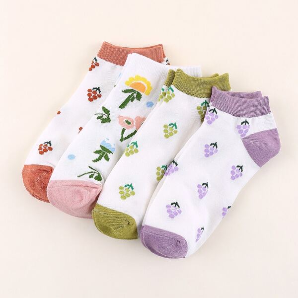 

4pairs Flower Print Ankle Socks, Multicolor