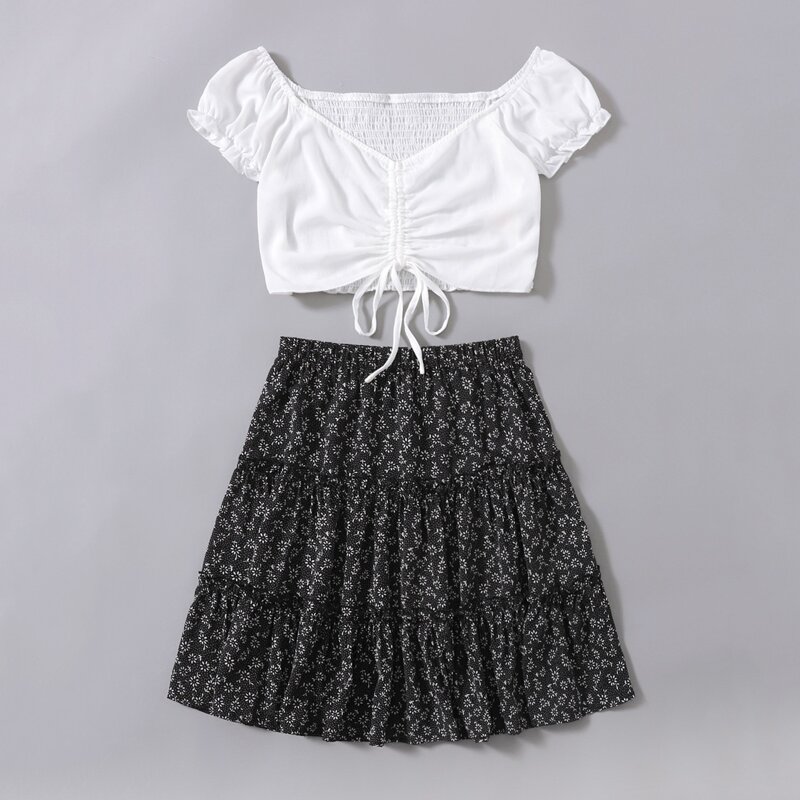 

Solid Shirred Drawstring Crop Top & Ditsy Floral Skirt, Black and white