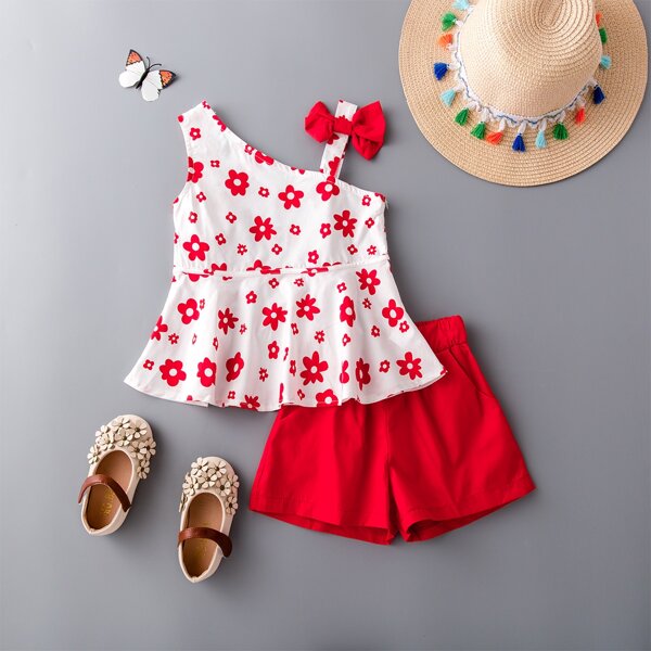 

Toddler Girls Floral Bow Top With Shorts, Red and white