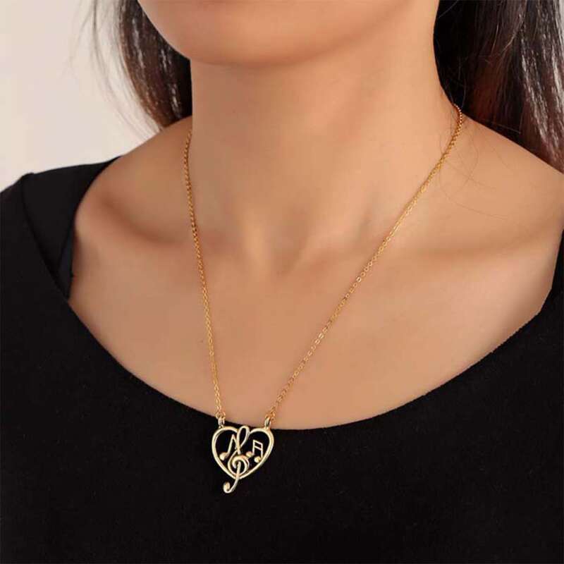 

Heart & Musical Note Pendant Necklace, Gold