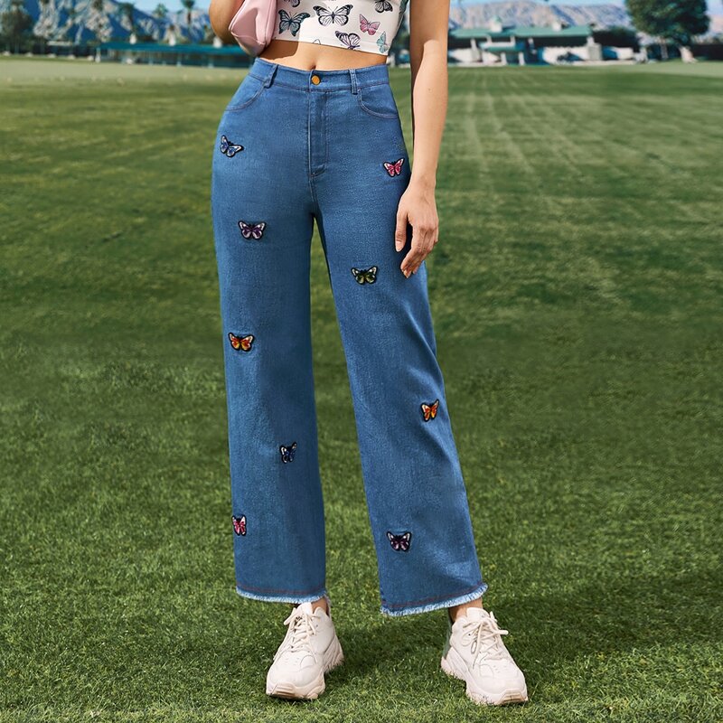 

Butterfly Patched Raw Hem Pants, Blue