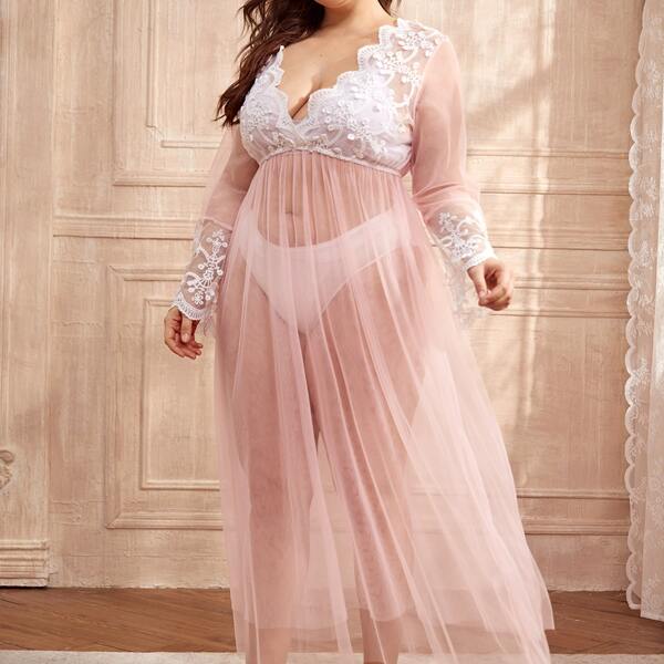 

Plus Embroidery Detail Sheer Mesh Nightdress Without Lingerie, Baby pink
