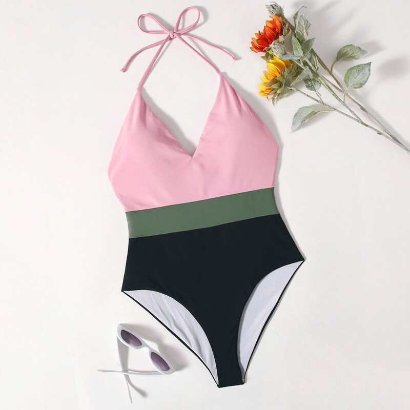 

Colorblock Halter One Piece Swimsuit, Multicolor