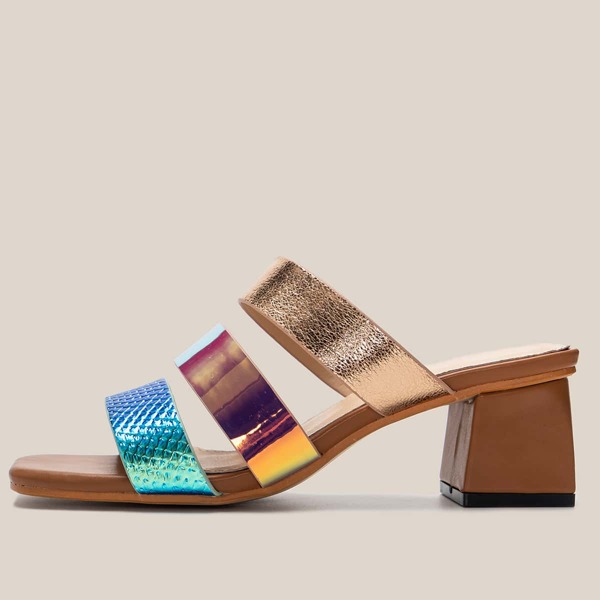 

Holographic Strappy Chunky Heeled Mule Sandals, Multicolor