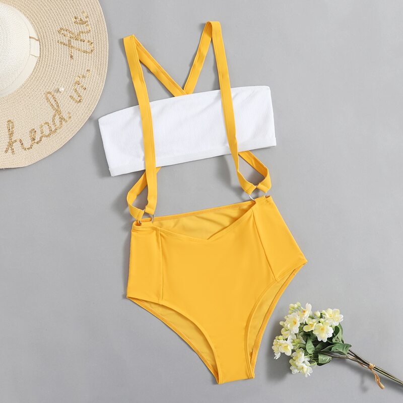 

Two Tone Crisscross Suspender Bikini Swimsuit, Yellow