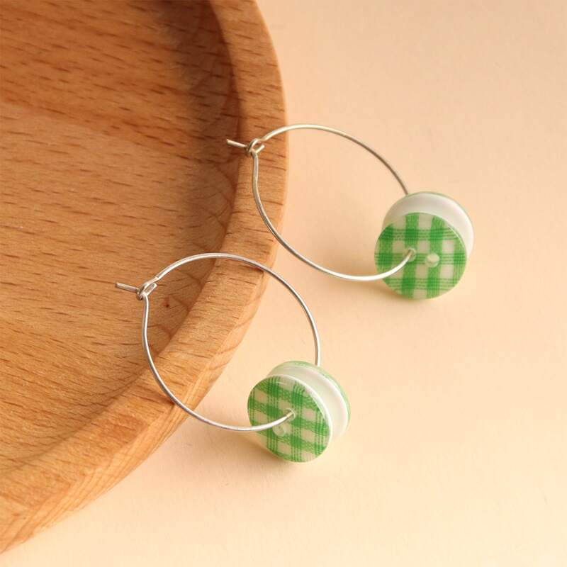 

Plaid Button Hoop Earrings, Green