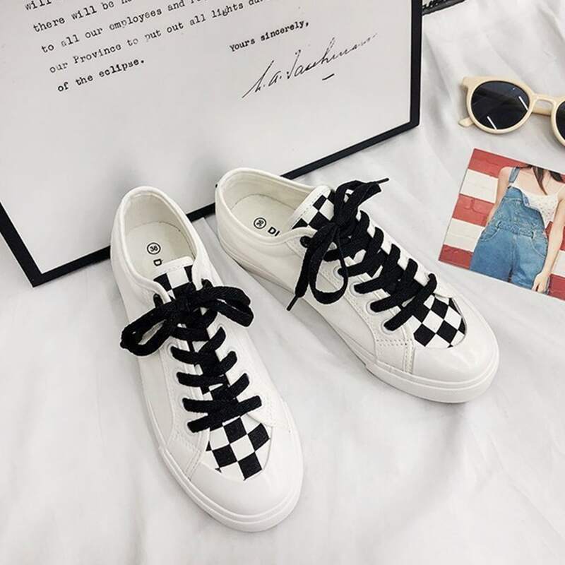 

Checkered Lace-up Canvas Sneakers, White