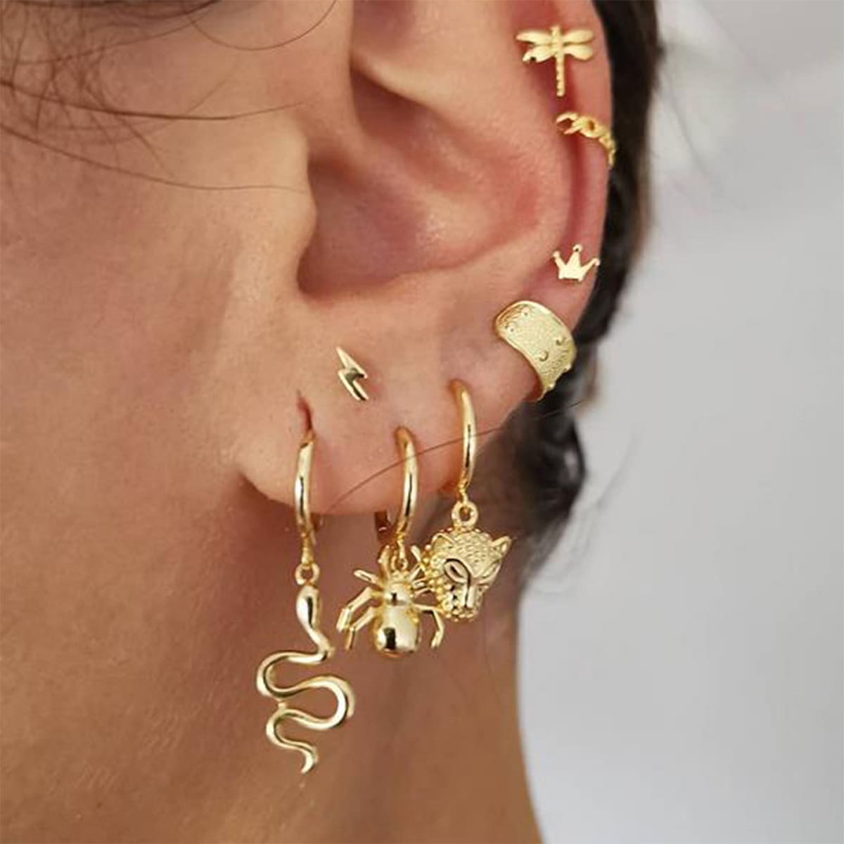 

8pcs Animal & Crown Earring Set, Gold