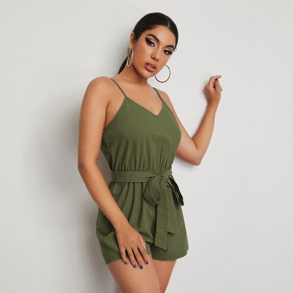 

Solid Belted Slip Romper, Army green