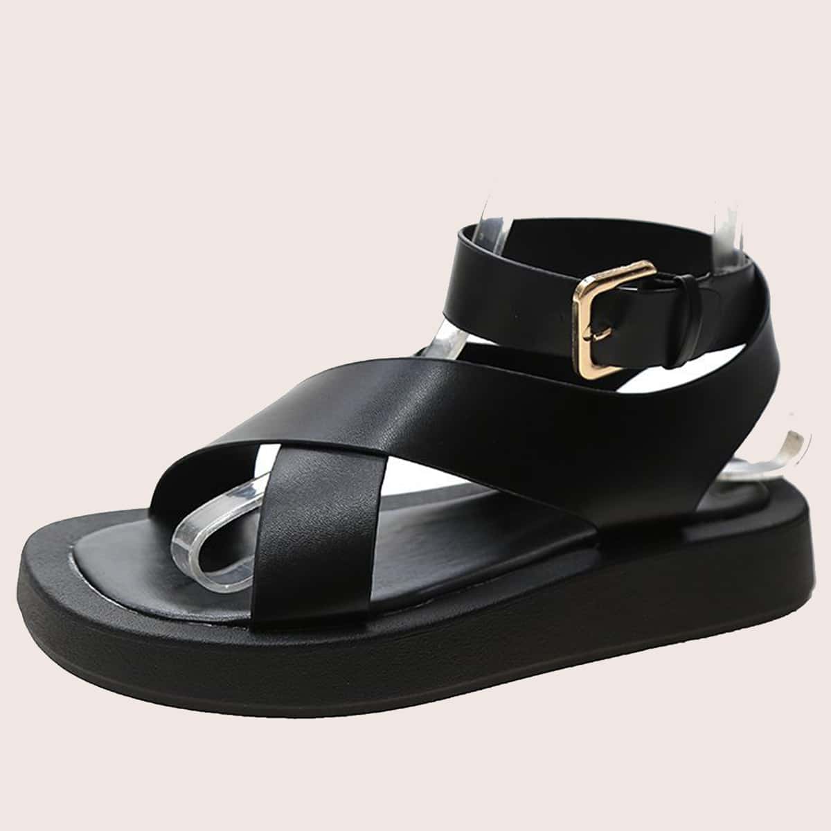 

Criss Cross Ankle Strap Flat Sandals, Black