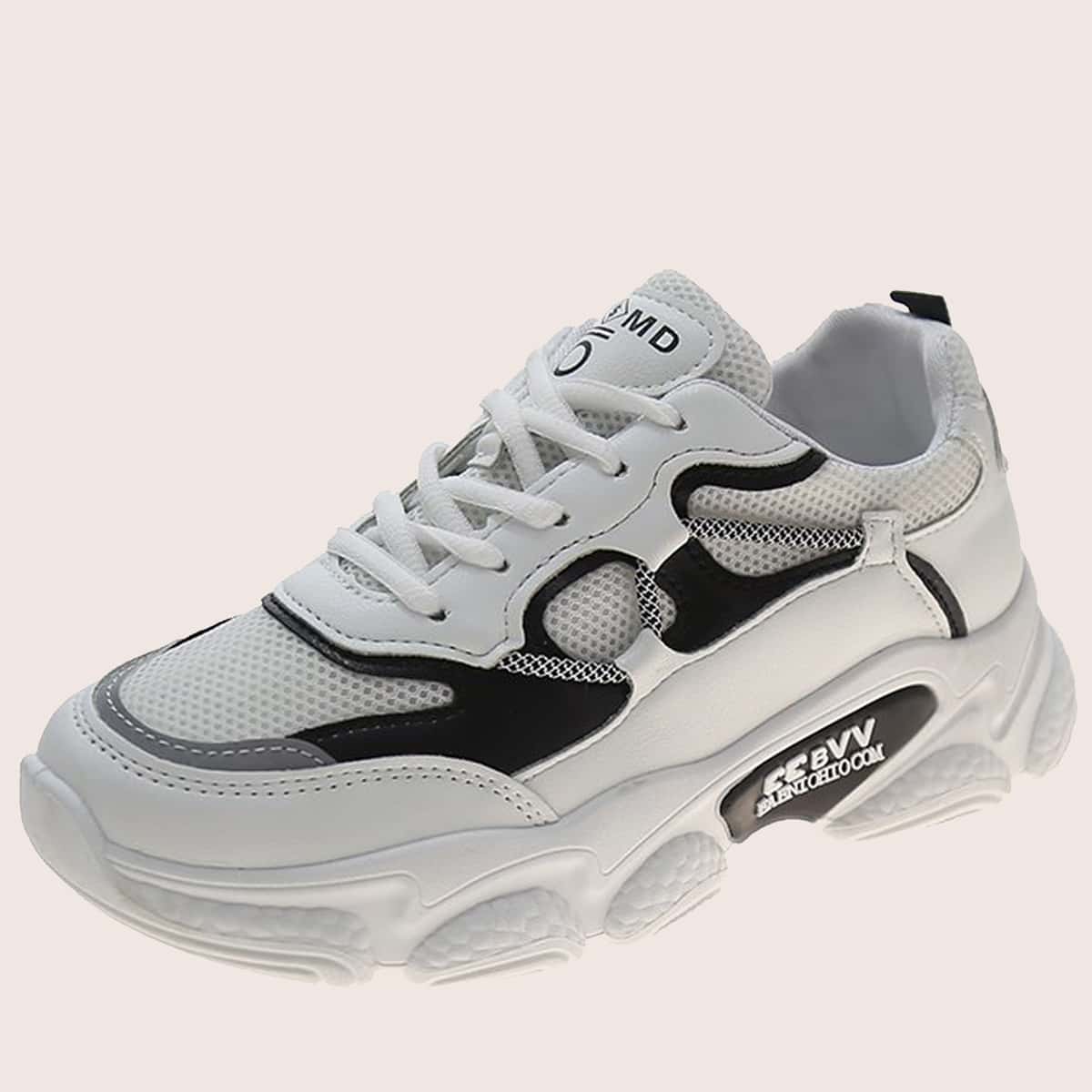 

Colorblock Lace-up Mesh Chunky Sneakers, White