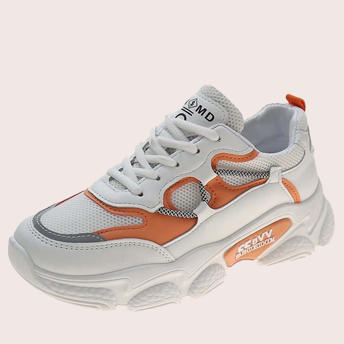

Colorblock Lace-up Mesh Chunky Sneakers, White