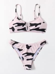 Allover Graphic V Wired Bikini Set - Pink - View 1