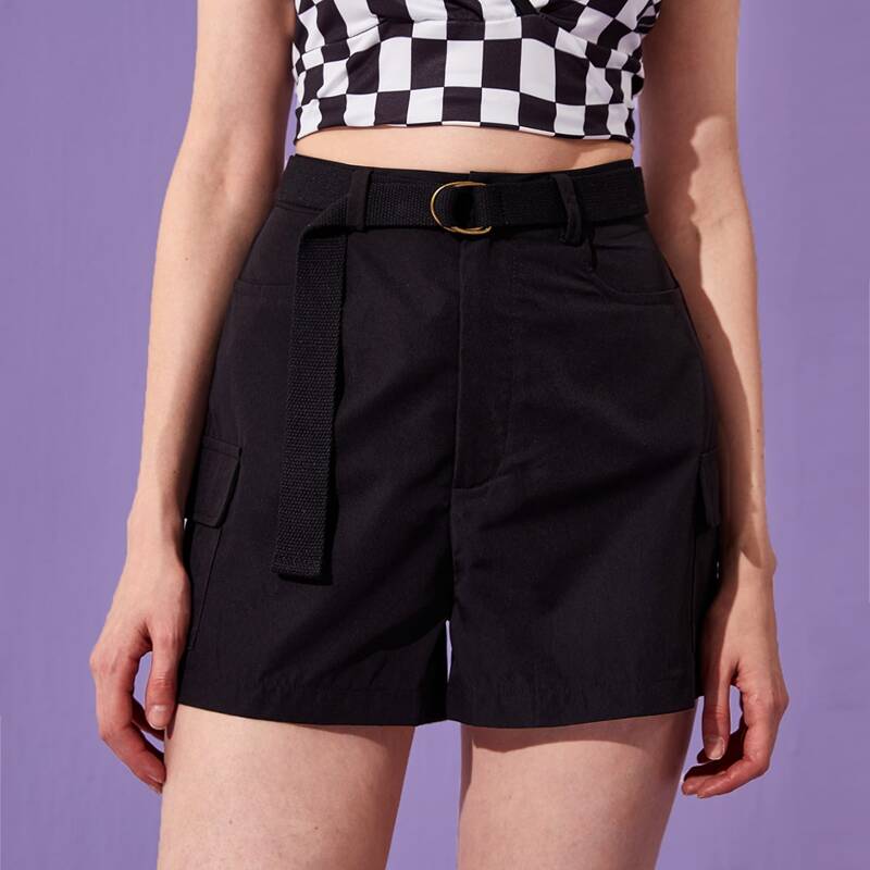 

Solid Belted Cargo Shorts, Black