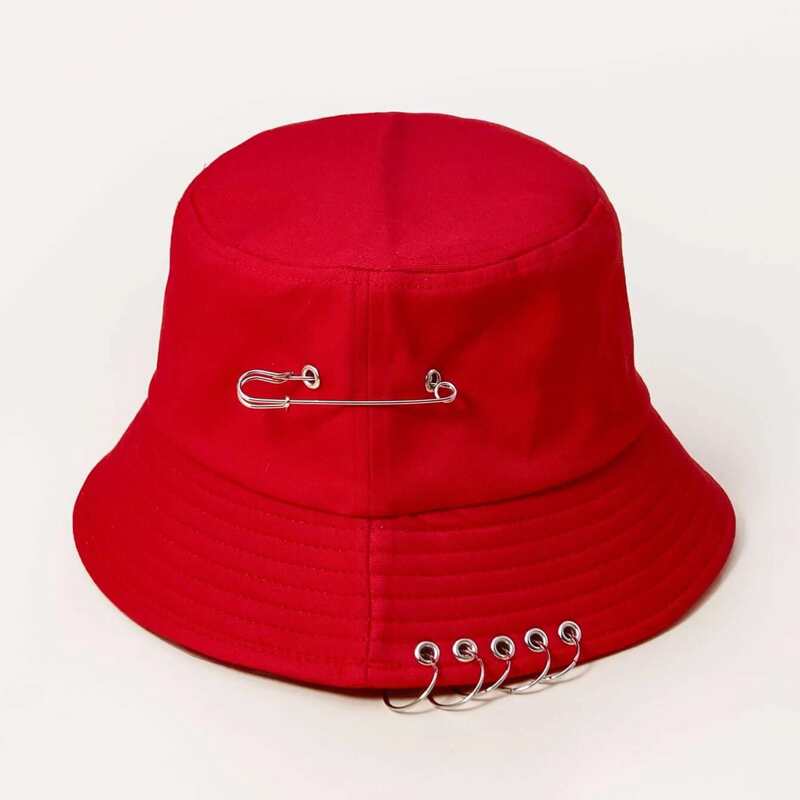 

Ring & Safety Pin Decor Bucket Hat, Red