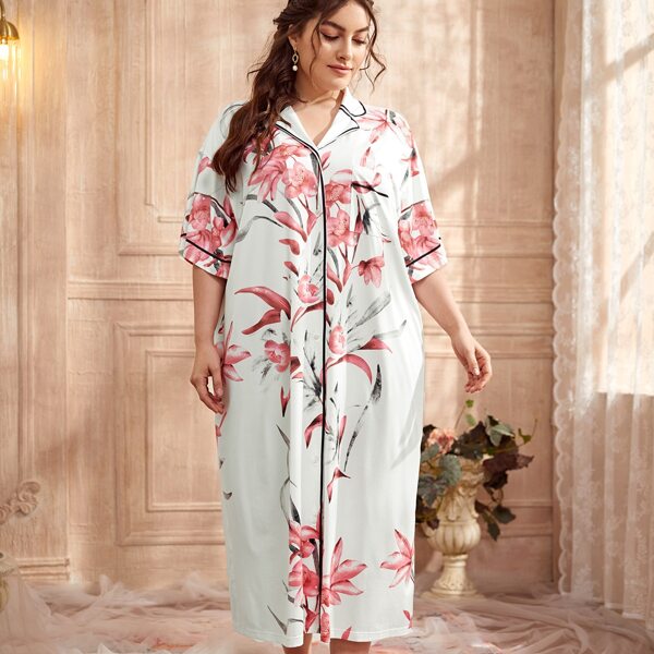 

Plus Notched Collar Contrast Trim Floral Print Nightdress, White