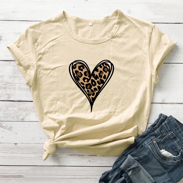 

Leopard And Heart Print Tee, Beige