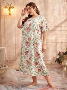 SHEIN Unity Plus Drop Shoulder Floral Print Nightdress - Multicolor - View 4