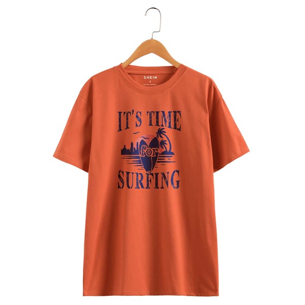 

Slogan & Tropical Print Tee, Burnt orange