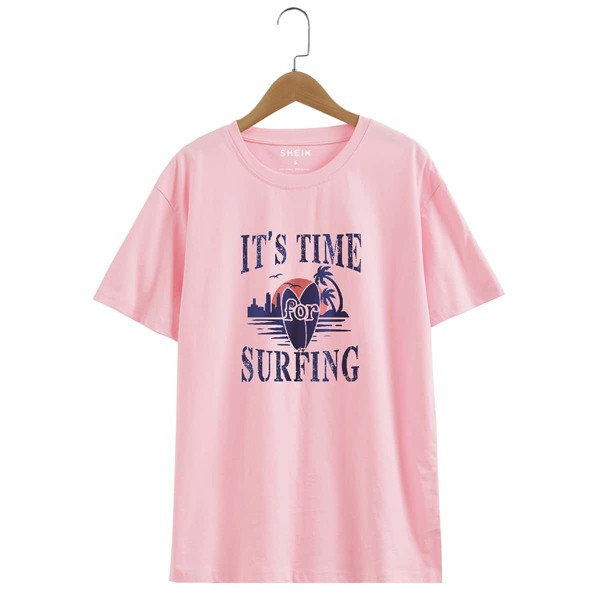

Slogan & Tropical Print Tee, Baby pink