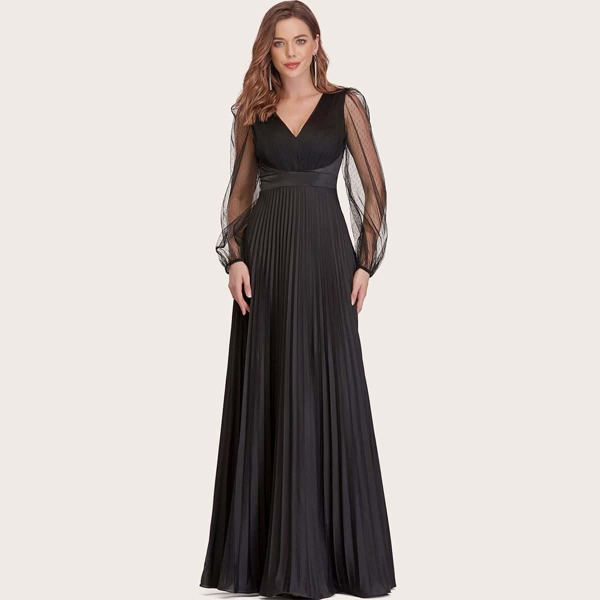

Dobby Mesh Lantern Sleeve Pleated Hem Prom Dress, Black