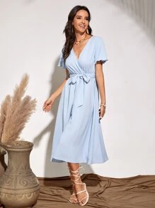 Breezaya Flutter Sleeve Belted Dress - Baby Blue - View 3
