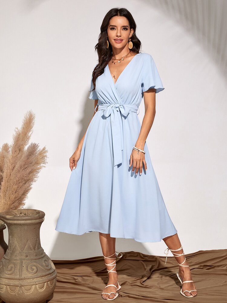 Breezaya Flutter Sleeve Belted Dress - Baby Blue - View 4