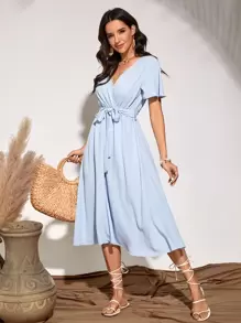 Breezaya Flutter Sleeve Belted Dress - Baby Blue - View 5