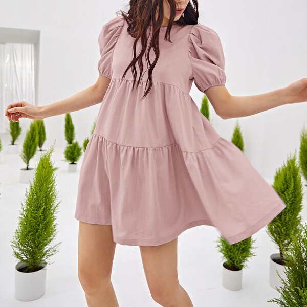 

Puff Sleeve Ruffle Hem Smock Dress, Dusty pink