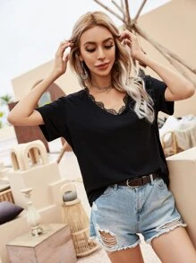 Camiseta de manga corta ribete con encaje - Negro - Ver 5