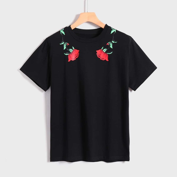 

Men Rose Print Short Sleeve Tee, Black