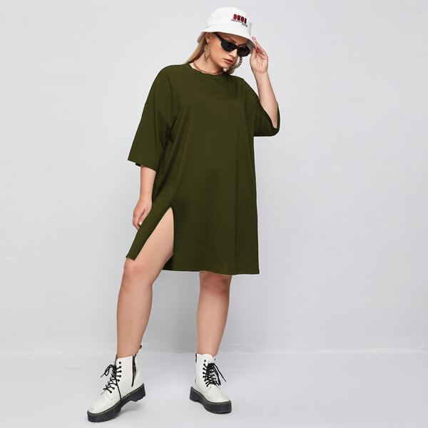 

Plus Solid Slit Hem Longline Tee Dress, Dark green