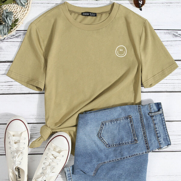 

Cartoon Graphic Round Neck Tee, Khaki