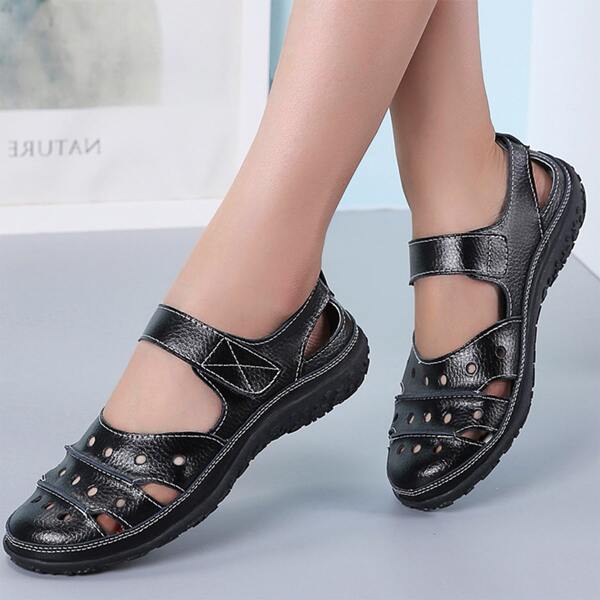 

Hollow Out Velcro Strap Sandals, Black